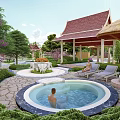 Tropical Resort Hotel Building With Red Tiled Roofs Multiple Pools And Lush Gardens