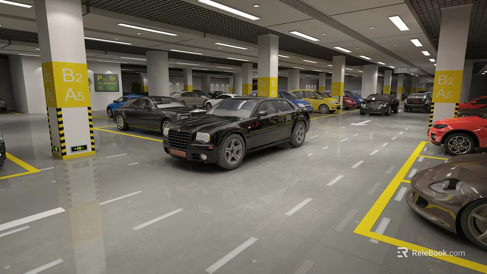 Spacious Indoor Parking Garage Featuring Neatly Parked Various Colored Cars And Yellow Parking Lines 3d model 