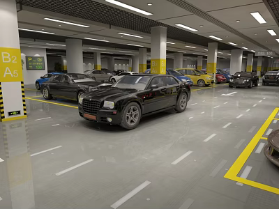 Spacious Indoor Parking Garage Featuring Neatly Parked Various Colored Cars And Yellow Parking Lines 3d model