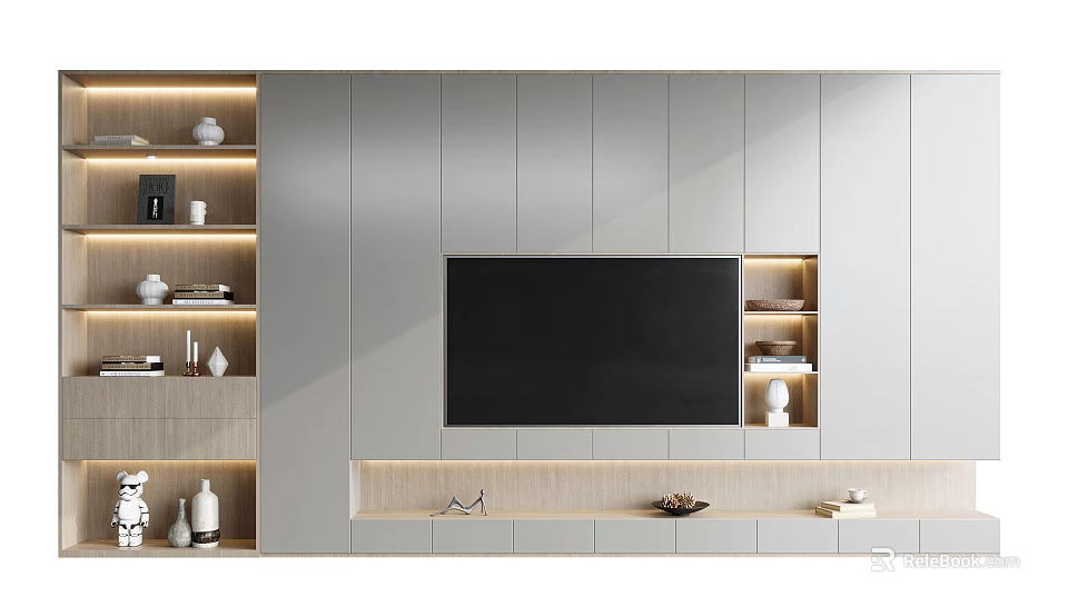 Modern Minimalist TV Wall Cabinet Design With Built-in TV Open Shelves And LED Lighting 3d model 