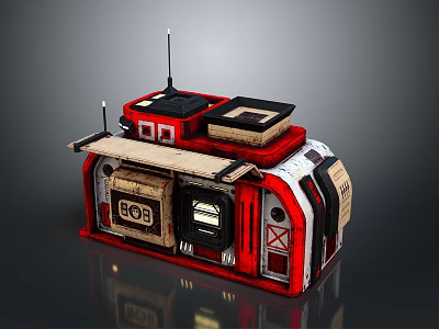 Futuristic Red And White Sci Fi Miniature Structure With Antennas Windows And Geometric Patterns 3d model