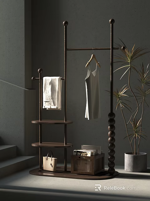 Wooden Clothing Rack With Hanging Sleeveless Top Towel Shelves And Potted Plant 3d model 