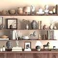 Decorative Ornament Combinations on Wooden Shelves with Clay Pots Sculptures Books and Vases