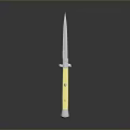 Sharp Weapon Knife With Yellow Handle And Long Slender Blade Isolated On Gray Background