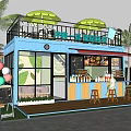 Container Building Energy Station With Palm Trees Terrace Green Umbrellas Bar Stools