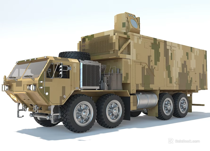 Military Green Camouflage Large Utility Vehicle With Multi Wheeled Design And Roof Equipment 3d model 