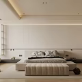 Modern Bedroom Interior With Platform Bed Glass Wardrobe Wooden Flooring And Recessed Lighting