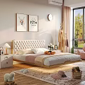 Modern Double Bed With Tufted Headboard Nightstand Decorative Art And Green Plants