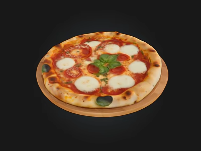Fresh Margherita Pizza with Tomatoes Mozzarella Cheese Basil and Golden Crust on Wooden Tray 3d model