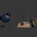 Construction Tools Setup with Blue Cement Mixer Shovels Sand and Rusty Metal Funnel