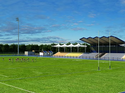 Outdoor Sports Stadium With Green Grass Field Running Track And Athletes Training For Fitness 3d model