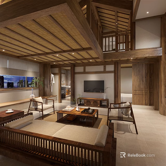 Hotel Guest Room With Wooden Ceiling Furniture Sofa Coffee Table TV And Window View 3d model 