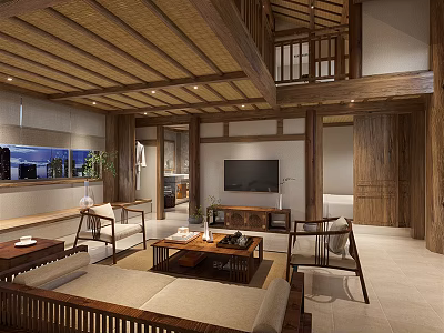 Hotel Guest Room With Wooden Ceiling Furniture Sofa Coffee Table TV And Window View 3d model