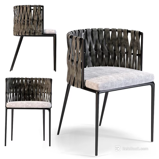 Modern Woven Design Dining Chair With Metal Frame And Comfortable Gray Cushion 3d model 