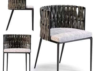 Modern Woven Design Dining Chair With Metal Frame And Comfortable Gray Cushion 3d model