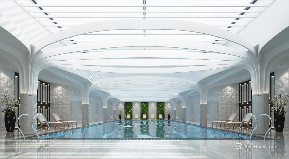 Modern Indoor Swimming Pool With Curved Ceiling And Comfortable Lounge Chairs 3d model 