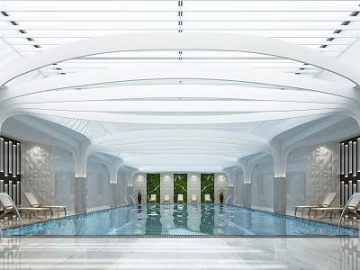 Modern Indoor Swimming Pool With Curved Ceiling And Comfortable Lounge Chairs 3d model