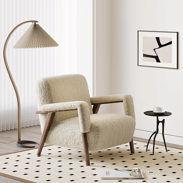 Cozy Cream Sheepskin Accent Chair With Wooden Frame Floor Lamp And Geometric Rug 3d model