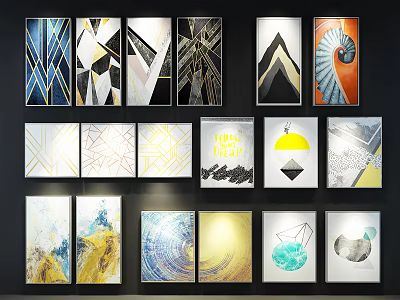 Diverse Abstract Paintings with Geometric Patterns Colorful Lines and Modern Wall Art Decor 3d model