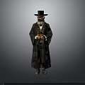 Elderly Man in Black Robe and Hat Holding Golden Scroll Against Gray Background