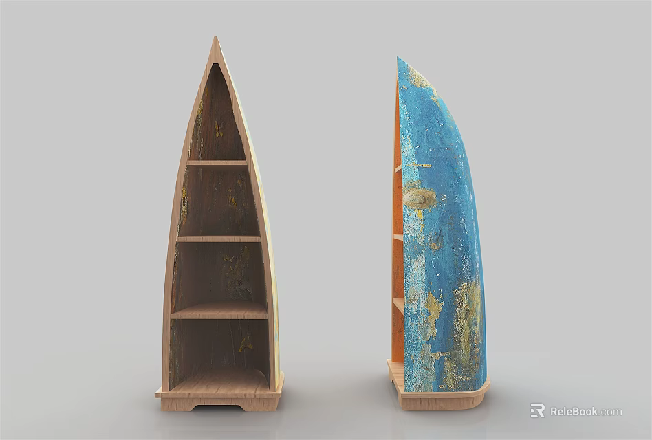 Boat Shaped Wooden and Blue Gold Decorative Shelves for Home Decor 3d model 