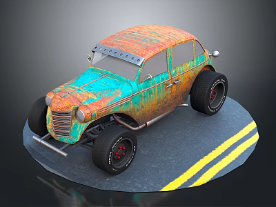 Vintage Modified Car With Orange Blue Rusty Exterior Large Wheels And Yellow Lines On Platform 3d model
