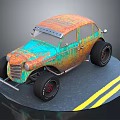 Vintage Modified Car With Orange Blue Rusty Exterior Large Wheels And Yellow Lines On Platform