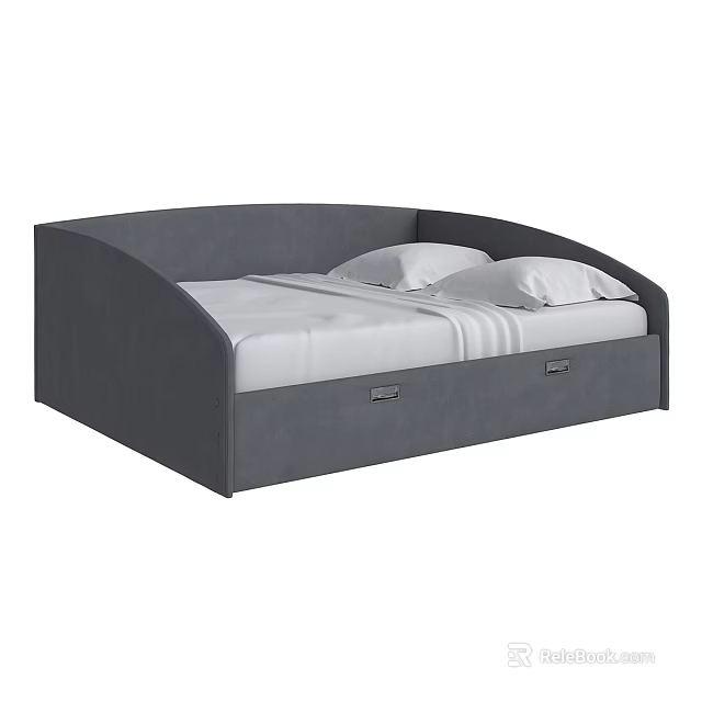 Modern Gray Double Bed with White Mattress and Storage Drawers 3d model 