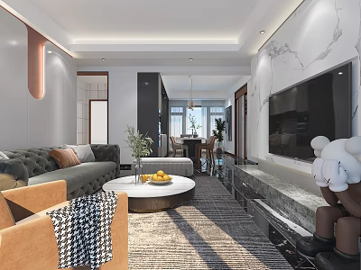 Modern Living and Dining Room Interior With Sofa Coffee Table TV Dining Table and Plants 3d model