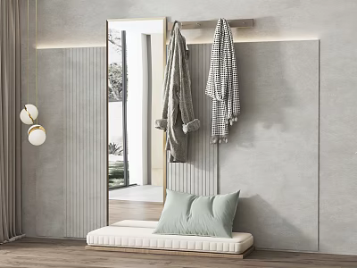 Stylish Entryway Mirror With Hanging Coats And Cushioned Bench 3d model