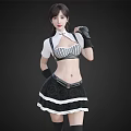 Woman In Fashionable Striped Crop Top Black Short Skirt With White Trim Leather Gloves