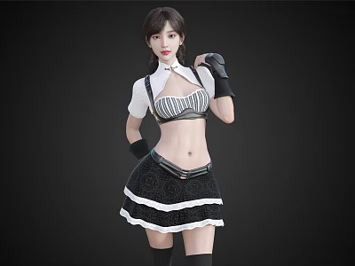 Woman In Fashionable Striped Crop Top Black Short Skirt With White Trim Leather Gloves 3d model