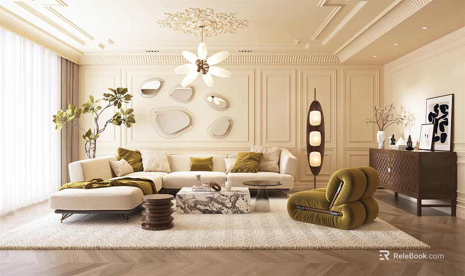 Modern Living Room Interior With Beige Sofa Coffee Table Accent Chair And Decorative Wall Art 3d model 