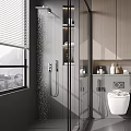 Modern Bathroom Interior Design With Glass Shower Toilet Vanity Mirror And Gray Tiles