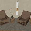 Two Brown Leather Armchairs With Wooden Stump Table And Flower Vase On Carpet