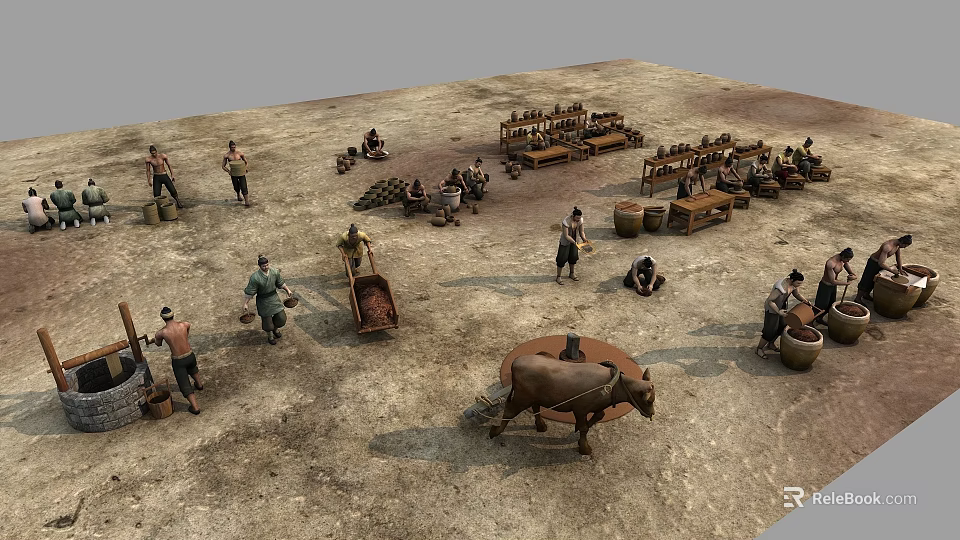 Ancient Game Movie Characters Working in Village Scene With Ox Wooden Tools and Dirt Ground 3d model 