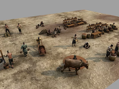 Ancient Game Movie Characters Working in Village Scene With Ox Wooden Tools and Dirt Ground 3d model