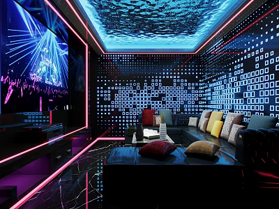 KTV Room With Neon Lights Large Screen Sofa Blue Ceiling And Geometric Patterned Walls 3d model