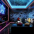 KTV Room With Neon Lights Large Screen Sofa Blue Ceiling And Geometric Patterned Walls 3d model