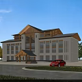 Modern Office Building With Wooden Roof Accents Large Windows Covered Entrance And Parking Area