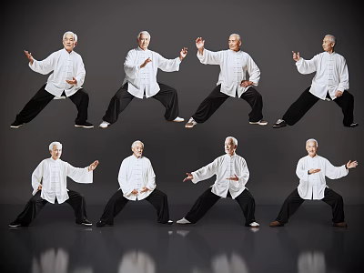 Senior Man Practicing Tai Chi in Various Poses on Gray Reflective Background 3d model