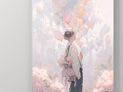 Character Portrait Painting with Balloons and Pink Flower Bouquet in Soft Dreamy Scene 3d model