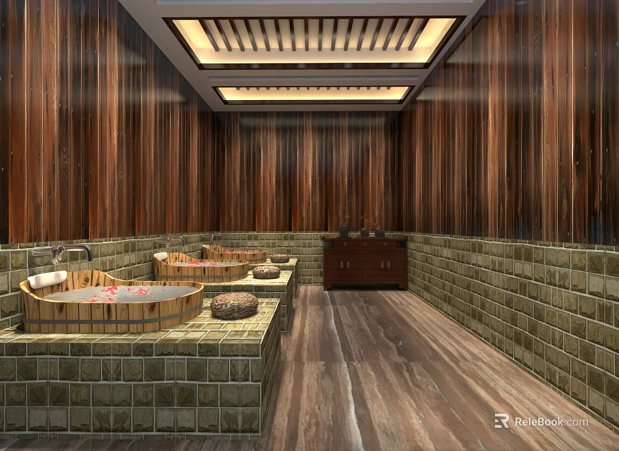 Traditional Steam Sauna Room Interior With Wooden Walls Stone Tiles And Bathtubs 3d model 
