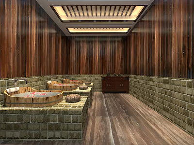 Traditional Steam Sauna Room Interior With Wooden Walls Stone Tiles And Bathtubs 3d model
