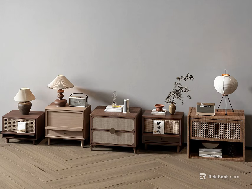 Various Wooden Bedside Tables With Rattan Details And Table Lamps Featuring Small Plants 3d model 