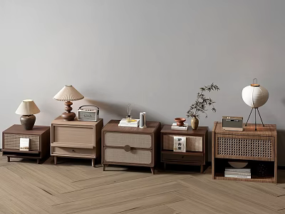 Various Wooden Bedside Tables With Rattan Details And Table Lamps Featuring Small Plants 3d model