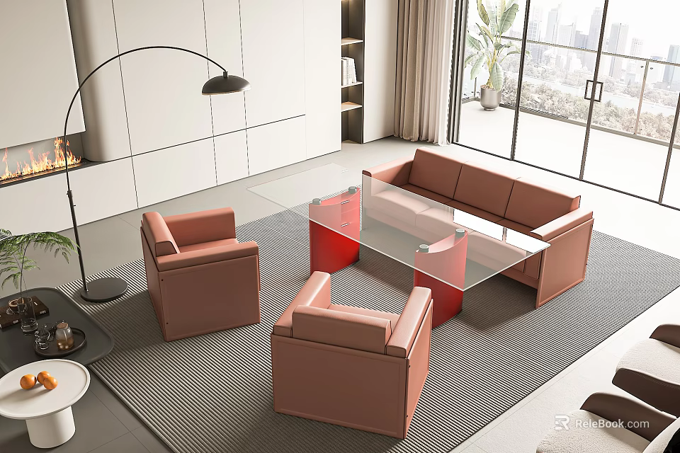 Modern Brown Sofa Coffee Table Set With Glass Top Red Base Floor Lamp And Area Rug 3d model 