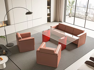 Modern Brown Sofa Coffee Table Set With Glass Top Red Base Floor Lamp And Area Rug 3d model