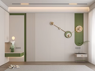 Modern Green and White Bedroom Accent Wall With Circular Decor and Striped Details 3d model