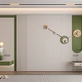 Modern Green and White Bedroom Accent Wall With Circular Decor and Striped Details